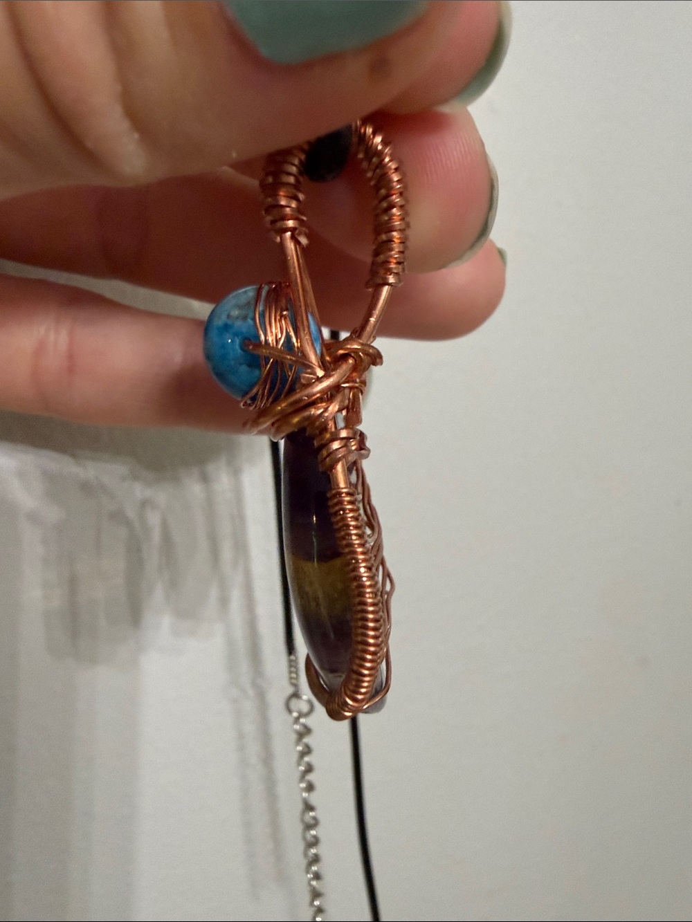 Handmade Copper Wire Wrapped Fluorite Pendant with Blue Apatite Bead - Picture 6 of 7